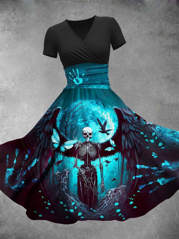 Psychedelic Punk Skeleton Printed V-Neck Short Sleeve Fashion Midi Dress