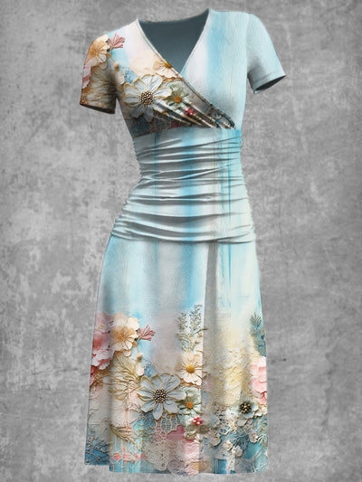 Elegant Vintage Blue Flowers Print V-Neck Short Sleeve Midi Dress