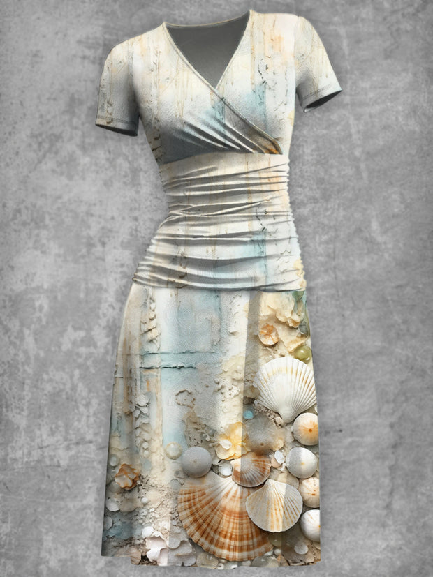 Elegant Vintage Shell Print V-Neck Short Sleeve Fashion Midi Dress