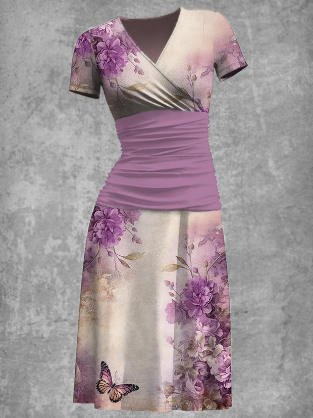 Elegant Vintage Purple Flowers Printed V-Neck Short Sleeve Fashion Midi Dress