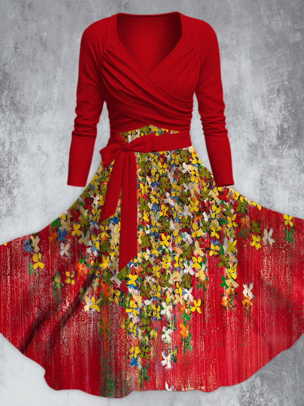 Vintage Artistic Flower Print V-Neck Long Sleeve Straps Fashion Midi Dress