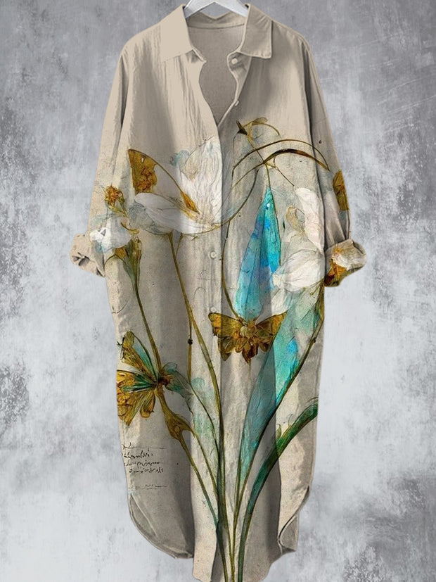 Vintage Gemstone Flower Printed V-Neck Lapel Button Loose Midi Shirt Dress