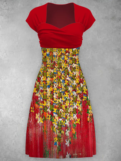 Elegant Tassel Flower Print V-Neck Short Sleeve Vintage Midi Dress