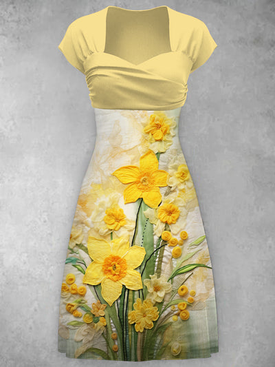 Robe mi-longue élégante à imprimé Iris Narcissiflora, col en V, manches courtes, mode vintage