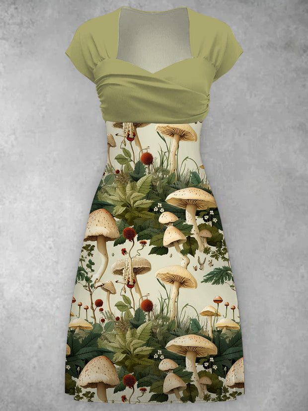 Green Mushroom Printe V-Neck Short Sleeve Vintage Midi Dress
