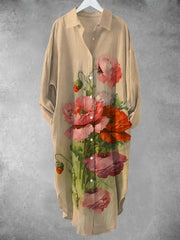 Women's Vintage V-Neck Poppy Art Pattern Midi Shirt Dress
