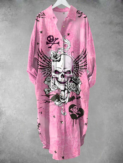 Women's Vintage V-Neck Punk Floral Art Pattern Midi Shirt Dress