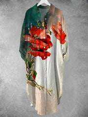 Women's Vintage V-Neck Poppy Art Pattern Midi Shirt Dress