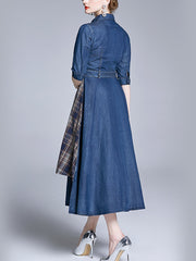 Elegant Tencel Denim Plaid Patchwork Belt Mid-Sleeve Maxi Dress
