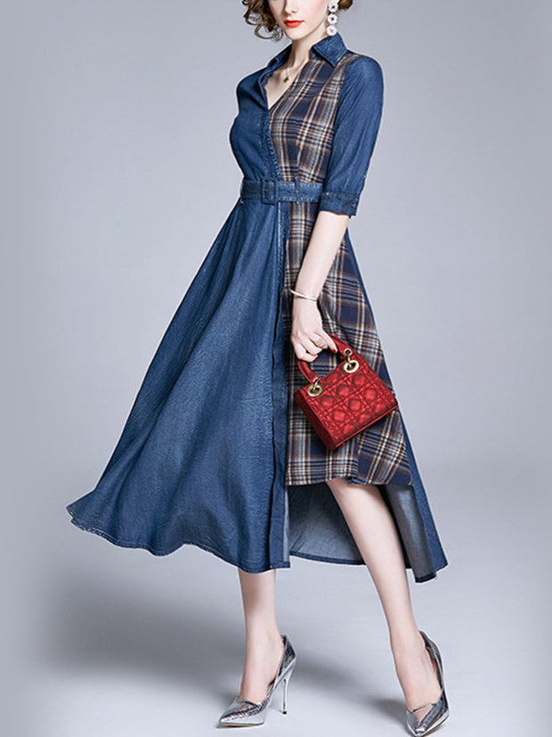 Elegant Tencel Denim Plaid Patchwork Belt Mid-Sleeve Maxi Dress
