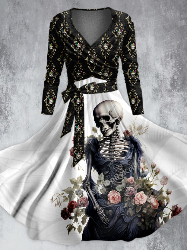 Punk Retro Flowers Skull Printed V-Neck Long Sleeve Straps Fashion Midi Dress