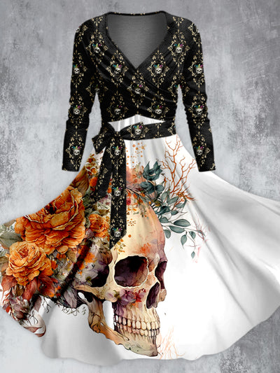 Vintage Punk Skull Printed V-Neck Long Sleeve Straps Fashion Midi Dress