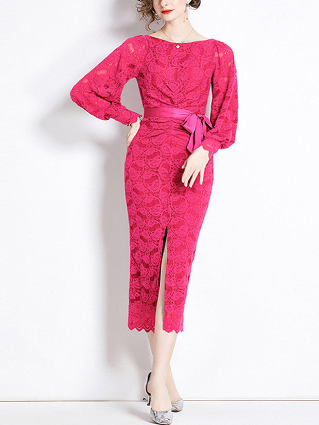 Elegant Textured Waist Wrap Lace Long Sleeve Cover Buttocks Maxi Dress