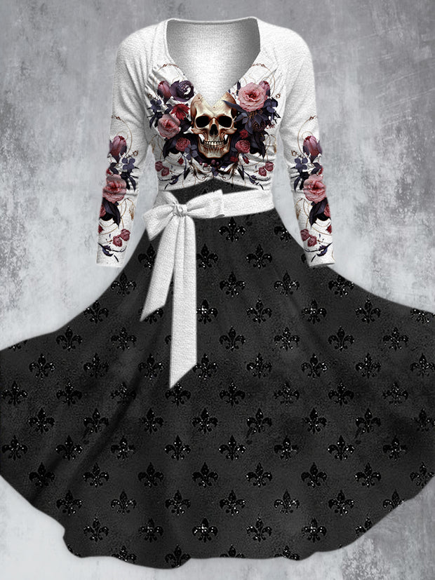 Vintage Punk Rose Skull Print V-Neck Long Sleeve Straps Fashion Midi Dress