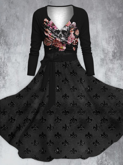 Vintage Punk Flowers Skull Printed V-Neck Long Sleeve Straps Fashion Midi Dress