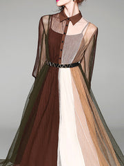 Elegant Contrast Color Printed Chic Chiffon Long Sleeve Full Hemline Maxi Dress