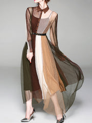 Elegant Contrast Color Printed Chic Chiffon Long Sleeve Full Hemline Maxi Dress