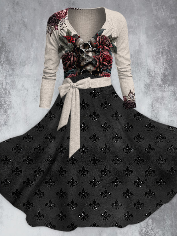 Vintage Punk Rose Skull Printed V-Neck Long Sleeve Straps Fashion Midi Dress