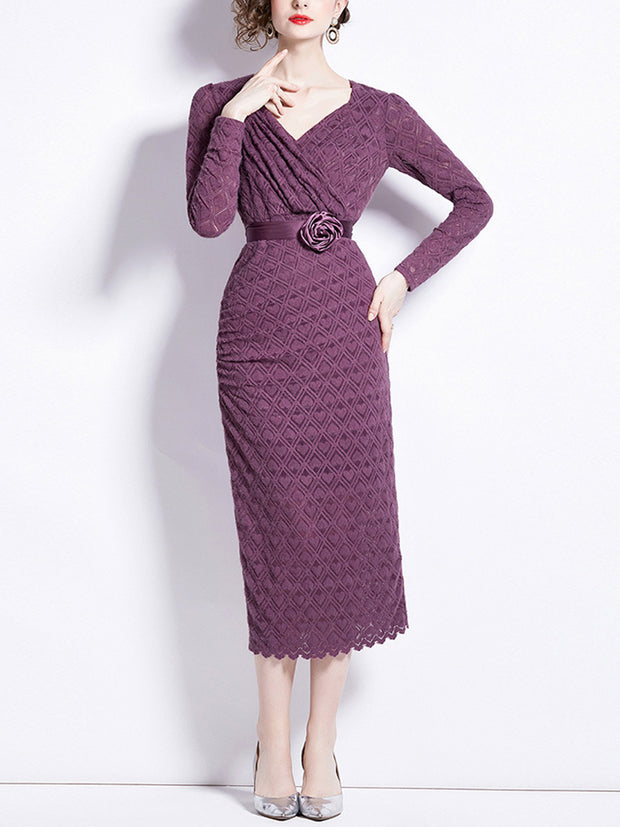 Elegant Printed Textured Rose Tie Lace Long Sleeve Cover Buttocks Maxi Dress