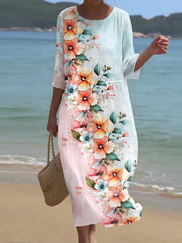 Robe longue rétro à col rond et motif floral pour femme