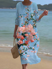 Robe longue rétro à col rond pour femmes, motif Floral, Art