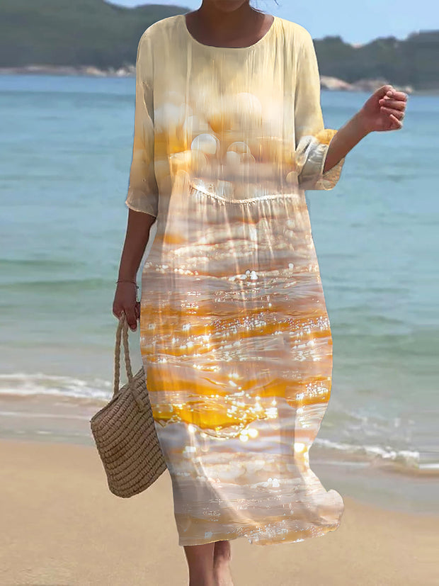 Robe longue rétro à col rond pour femmes, Wave Art