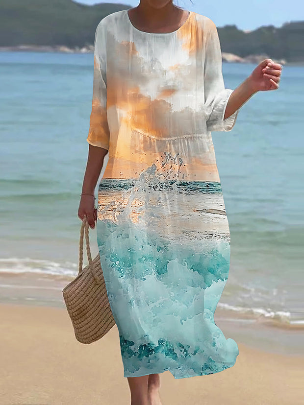 Robe longue rétro à col rond pour femmes, Wave Art