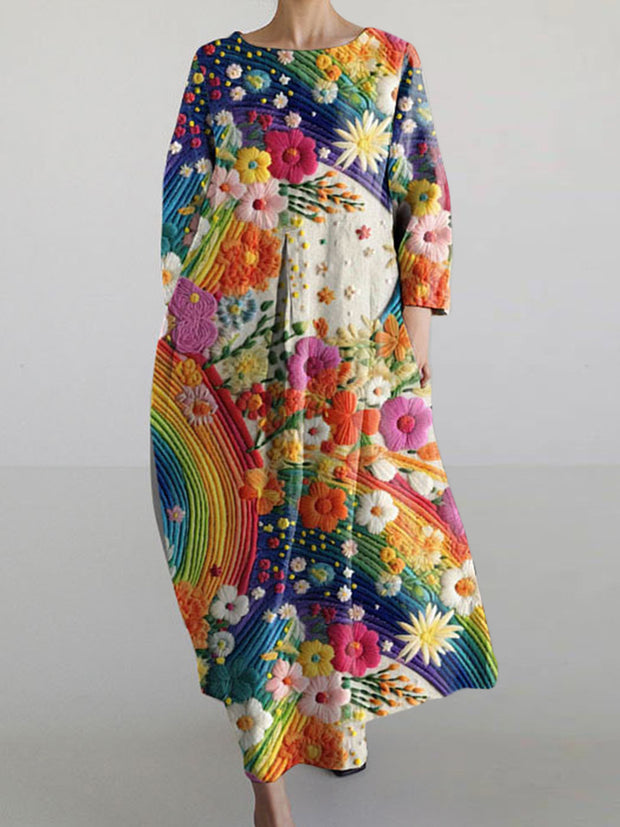 Rainbow Flower Print Casual Crew Neck Long Sleeve Maxi Dress