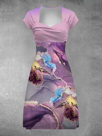 Women's Vintage Butterfly Art Print V-Neck Midi Dress