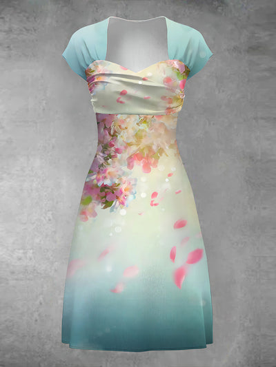 Women's Vintage Floral Art Print V-Neck Midi Dress