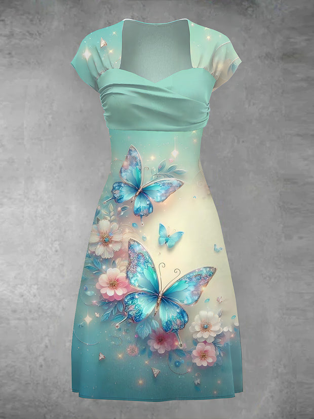 Women's Vintage Butterfly Art Print V-Neck Midi Dress