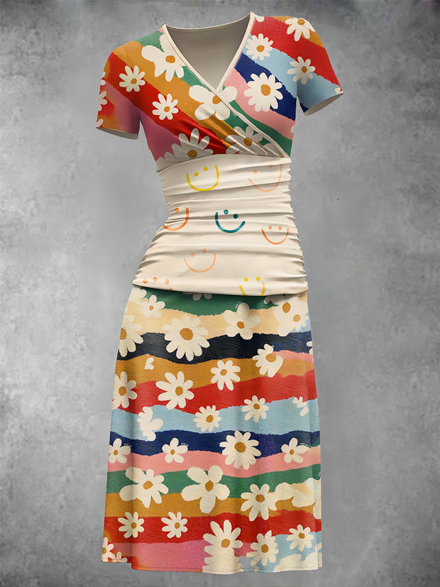 Women's Vintage Colorful Floral Art Print V-Neck Midi Dress