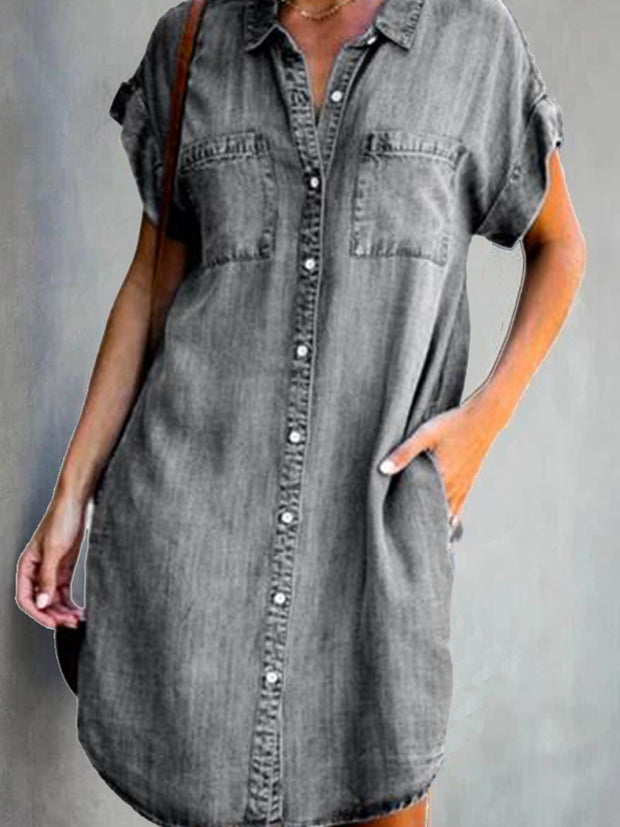 Women's Retro Slim Denim Short Sleeve Midi Dress