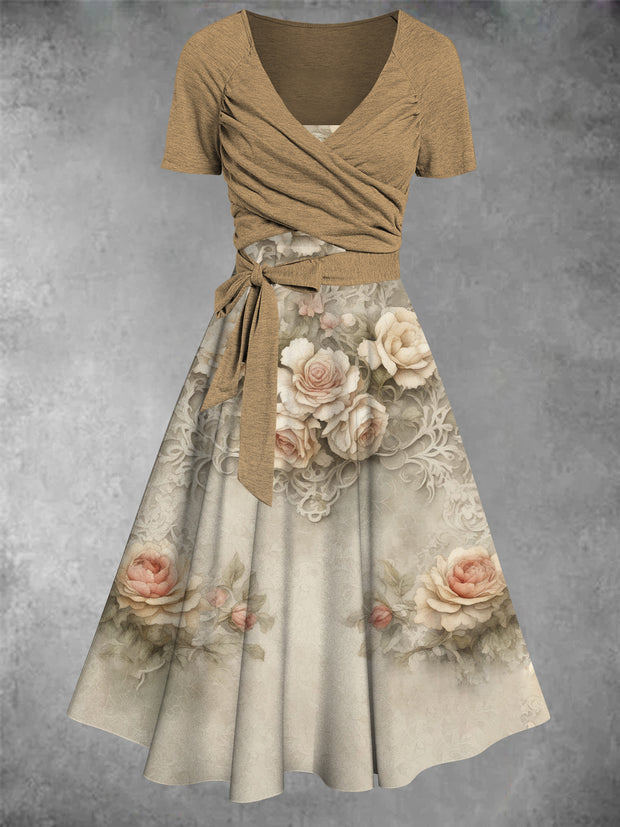 Retro Lace Floral Art Print Two Piece Midi Dress