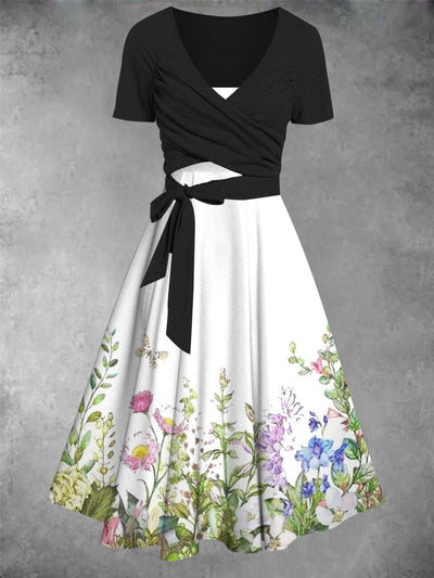 Floral Print Retro Short Sleeve Two Piece Midi Dress