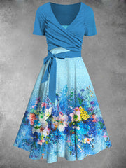 Blue Floral Art Print V Neck Short Sleeve Midi Dress