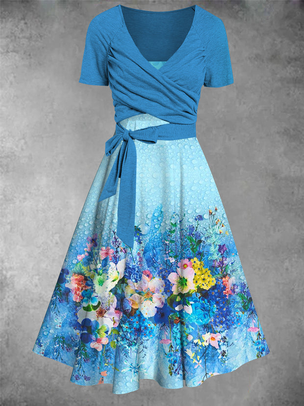 Blue Floral Art Print V Neck Short Sleeve Midi Dress