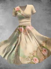 Women's Floral Art Print V Neck Maxi Dress
