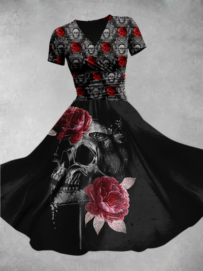 Retro Punk Skull Flowers Prin V-Neck Short Sleeve Midi Dress