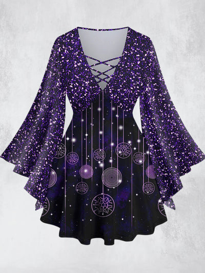 Purple Dream Star Printed V-Neck Hollow Cut Flared Long Sleeve Mid-Long Top