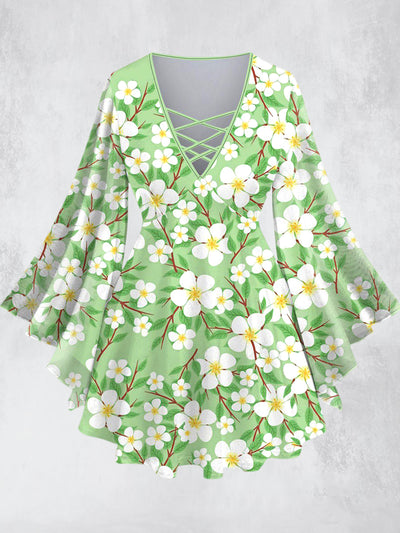 Light Green Flower Print V-Neck Long Sleeve Shirt
