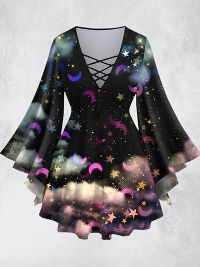 Dreamy Stars Moons Printed V-Neck Hollow Cut Flared Long Sleeve Mid-Long Top
