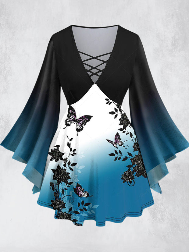 Elegant Gradient Blue Butterfly Printed V-Neck Hollow Cut Flared Long Sleeve Mid-Long Top