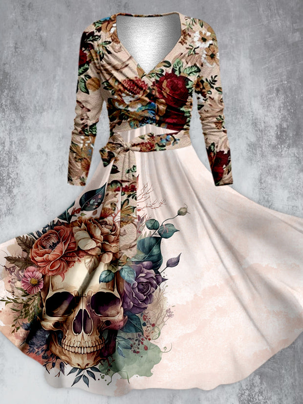 Floral Design Skull Printed V-Neck Long-Sleeved Belt Fashion Midi Dress