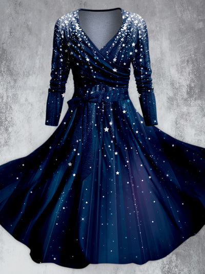 Starlight Print V-Neck Long Sleeve Midi Dress