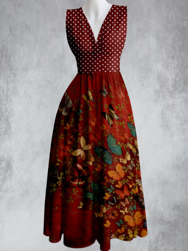 Vintage Polka Dot Butterfly Printed V-Neck 50's Elegant Chic Sleeveless Maxi Dress