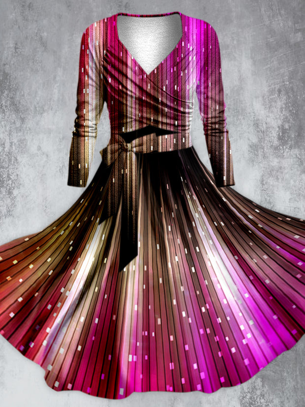 Laser Light Print V-Neck Long Sleeve Midi Dress