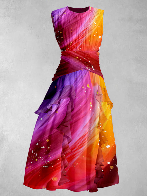 Starlight Gradient Print V-Neck Elegant Chic Chiffon Sleeveless Maxi Dress