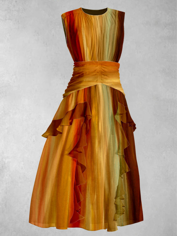 Vintage Maillard Tie-Dye Printed V-Neck 50's Elegant Chic Chiffon Sleeveless Maxi Dress