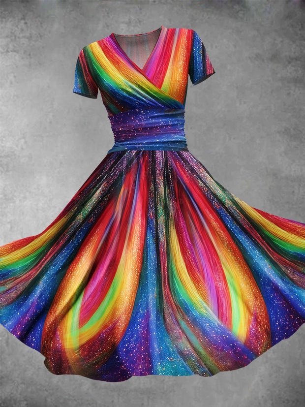 Elegant Rainbow Sequins Print V-Neck 50s Vintage Short Sleeve Midi Dress